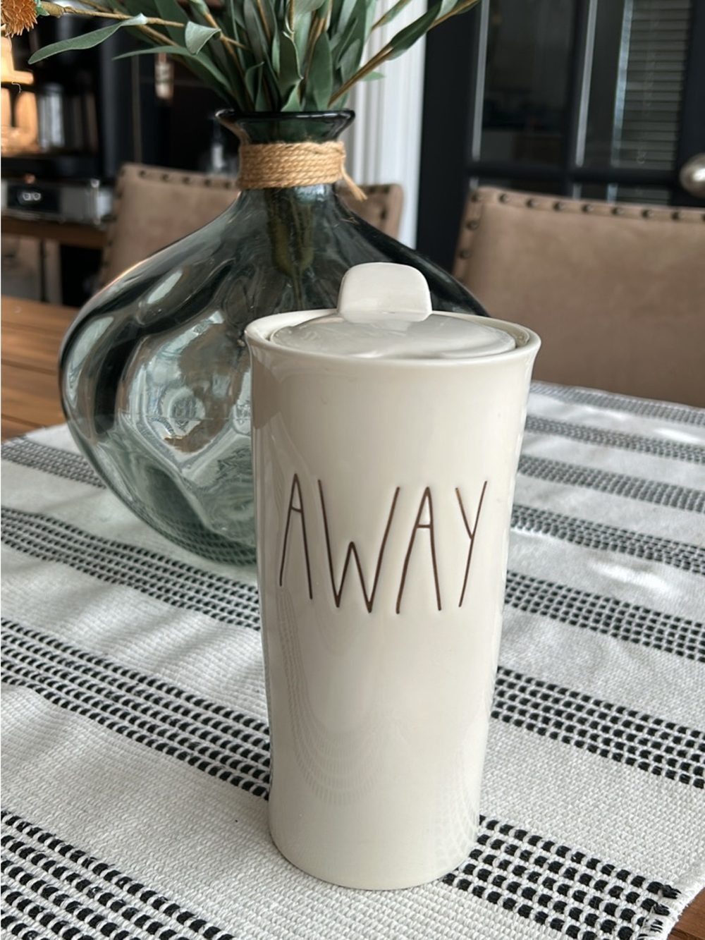 Rae Dunn Cream Ceramic Tumbler with Raised 'AWAY' Lettering and Lid